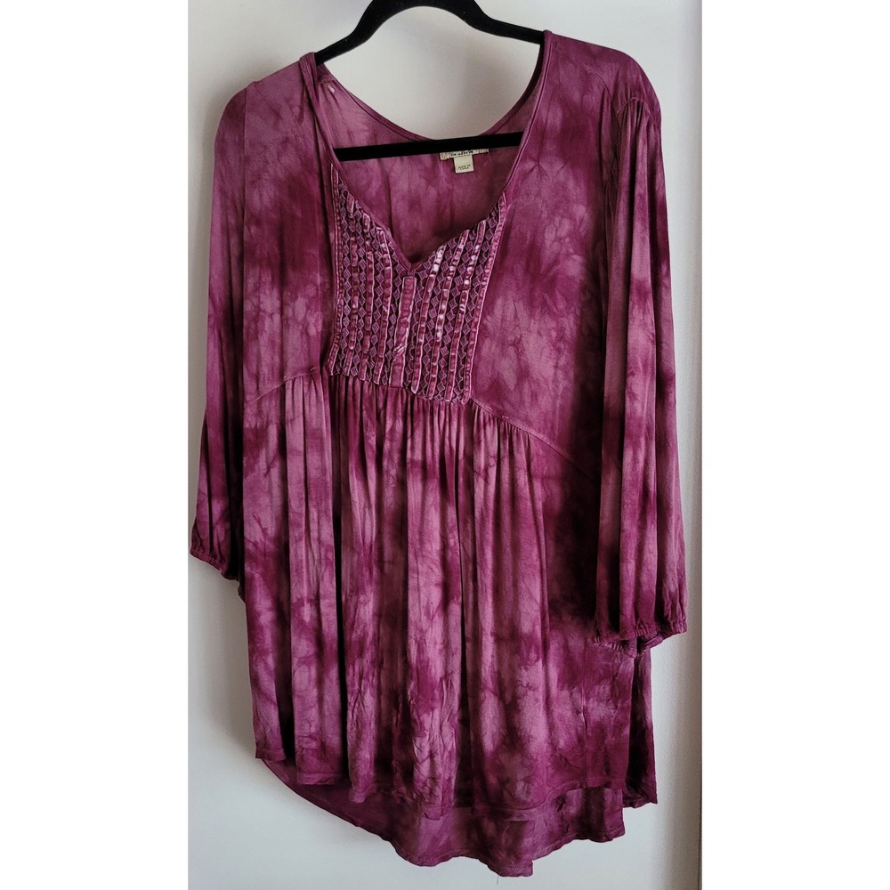 One World Blouse 2X Purple Tie Dye 3/4 Sleeve Boho Top Shirt Tunic